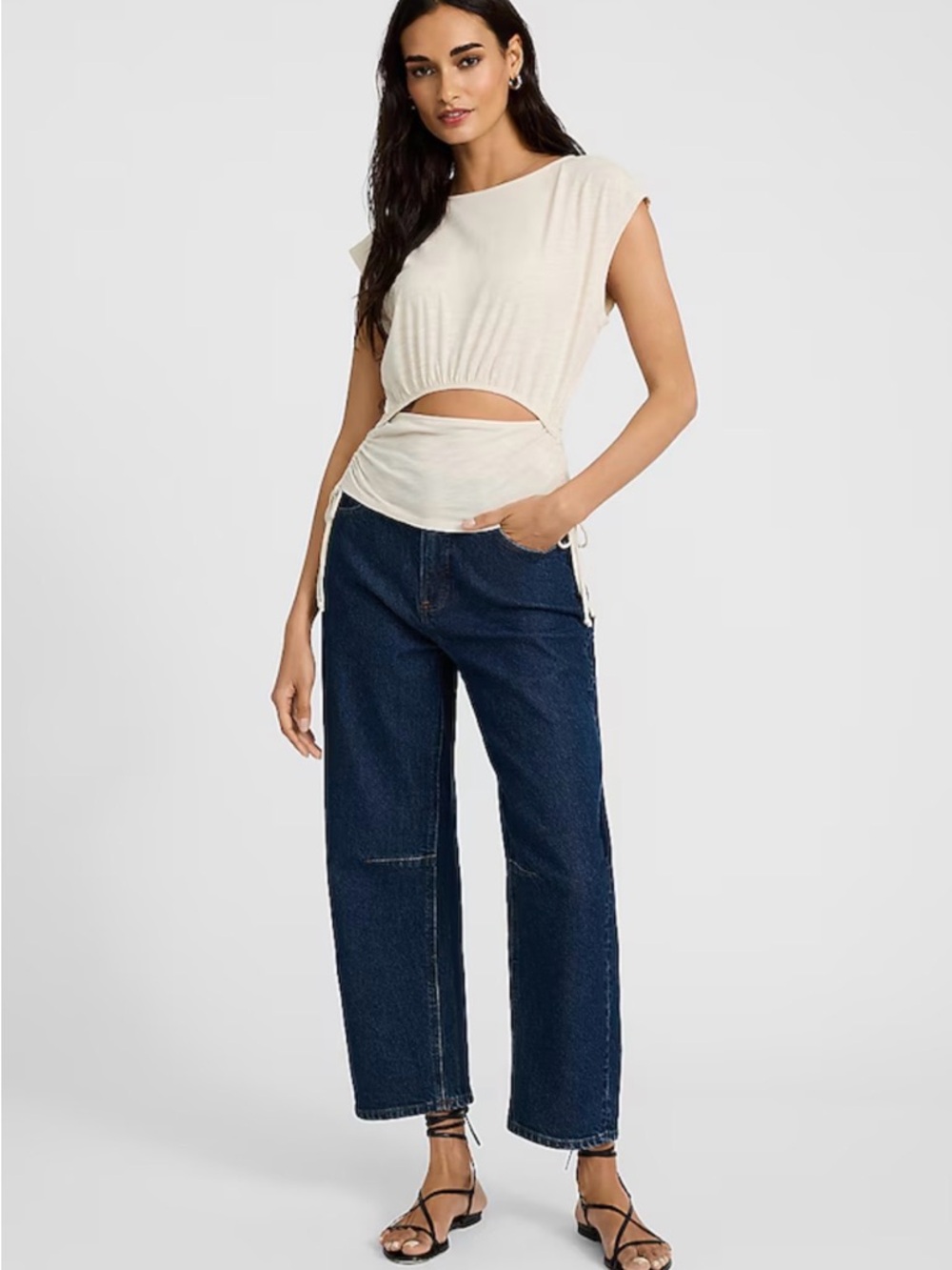 Boat Neck Cap Sleeve Front Cutout Tie Side Tee - Picture 2 of 4